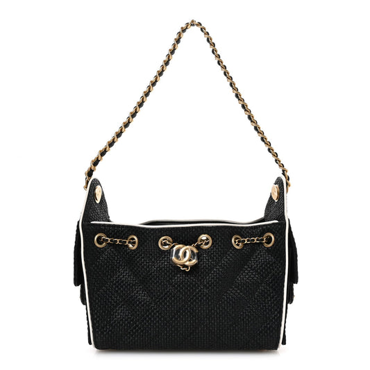 Braided Raffia Calfskin Quilted Mini Chanel 25 Handbag Black White