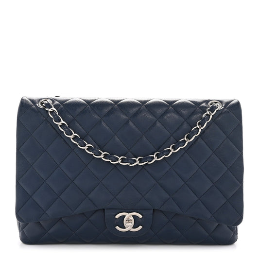 Caviar Quilted Maxi Double Flap Navy Blue