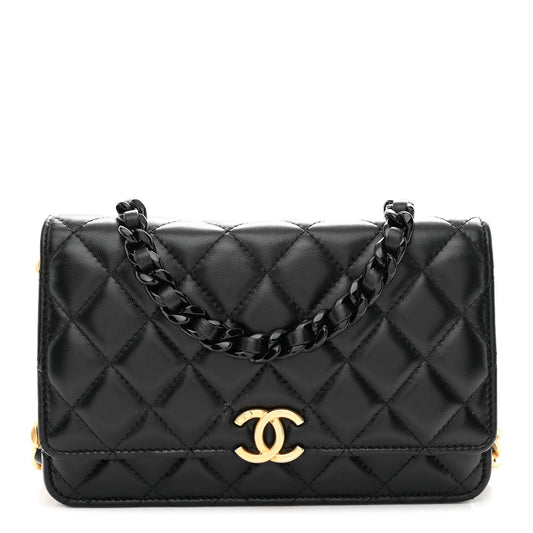 Lambskin Resin Quilted Wallet On Chain WOC Black