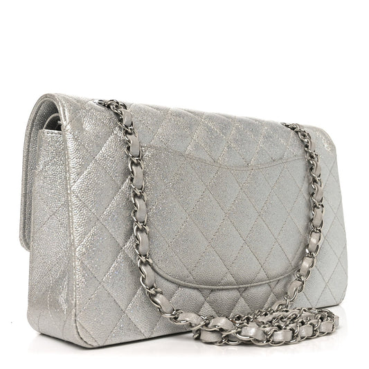 Glittered Metallic Caviar Quilted Medium Double Flap Silver