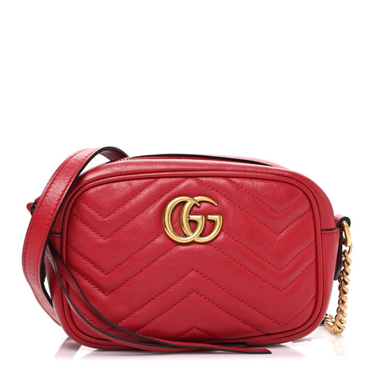 Calfskin Matelasse Mini GG Marmont Chain Shoulder Bag Hibiscus Red