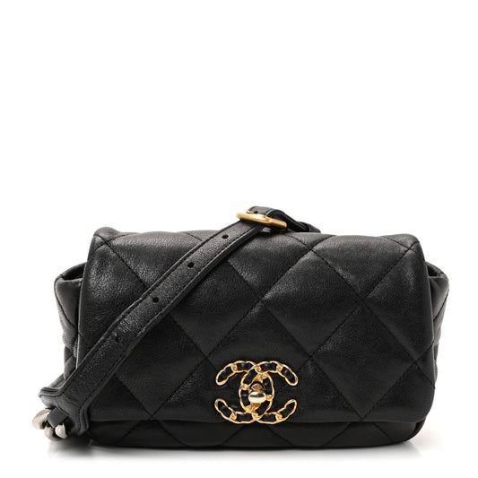 Goatskin Quilted Chanel 19 Waist Bag Black