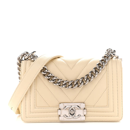 Calfskin Chevron Quilted Small Boy Flap Light Beige