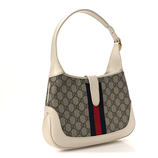 GG Supreme Monogram Azalea Calfskin Web Small Jackie 1961 Hobo Beige Ebony Mystic White