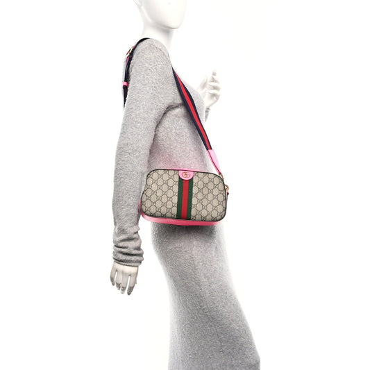 GG Supreme Monogram Textured Dollar Calfskin Web Ophidia Small Crossbody Bag Beige Ebony Fuchsia