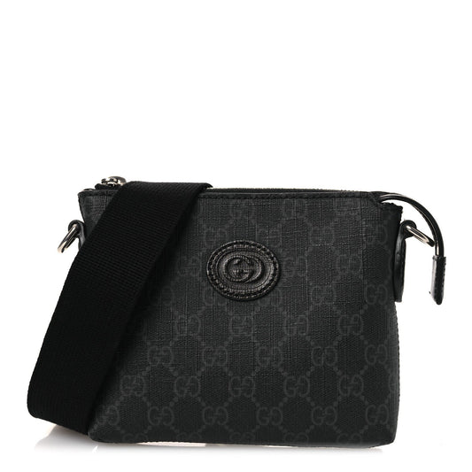 GG Supreme Monogram Azalea Calfskin Small Retro Interlocking G Wristlet Messenger Bag Black