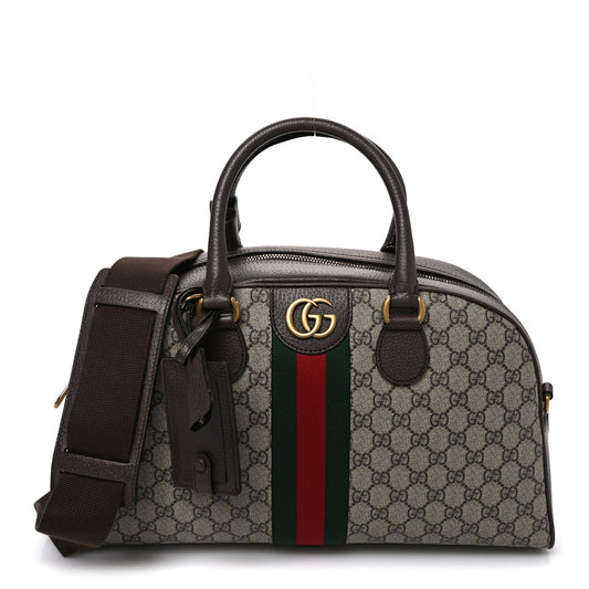 GG Supreme Monogram Textured Dollar Calfskin Web Medium Savoy Bowling Bag Beige Ebony New Acero