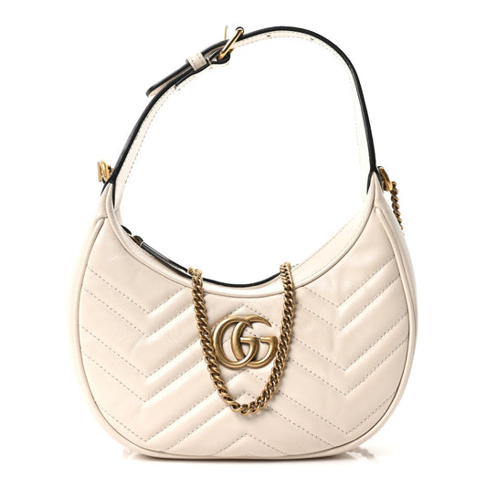 Calfskin Matelasse Chevron Mini GG Marmont Half Moon Hobo Mystic White