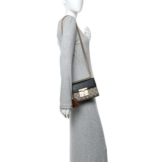 GG Supreme Monogram Calfskin Small Padlock Shoulder Bag Beige Black Cuir