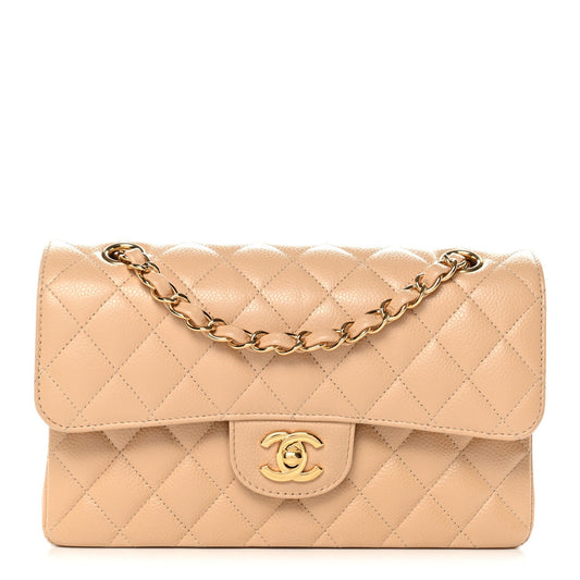 Caviar Quilted Small Double Flap Beige