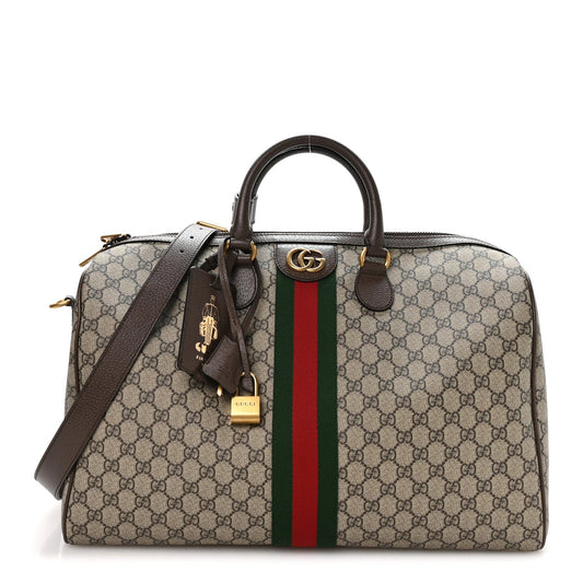 GG Supreme Monogram Textured Dollar Calfskin Web Medium Savoy Duffle Bag Beige Dark Brown
