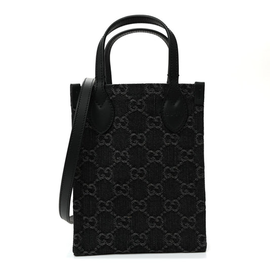 Denim Cuoio Harness GG Monogram Mini Ophidia Tote Bag Black Medium Grey