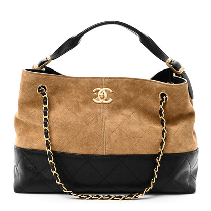 Suede Calfskin Shiny Lambskin Quilted Small Coco Base Shopping Bag Beige Black