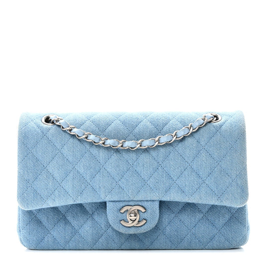 Denim Quilted Medium Double Flap Light Blue