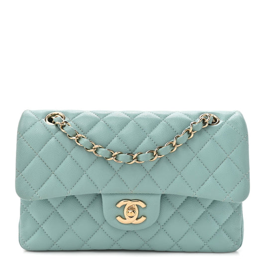 Caviar Quilted Small Double Flap Light Blue