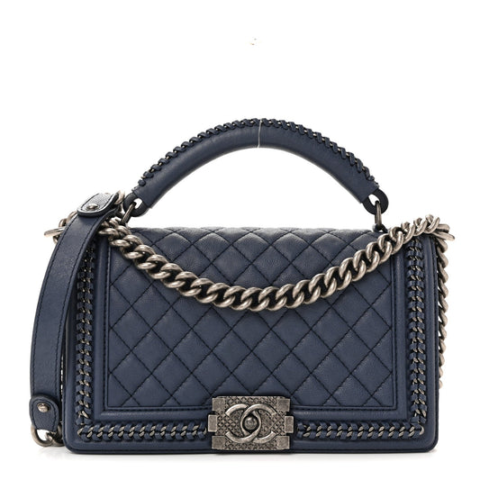 Lambskin Quilted Medium Top Handle Boy Flap Blue