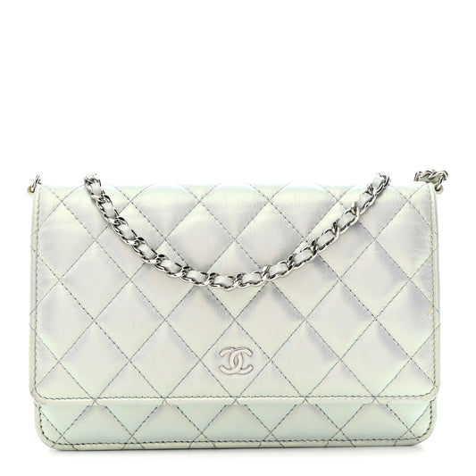 Iridescent Calfskin Quilted Wallet On Chain WOC Light Blue