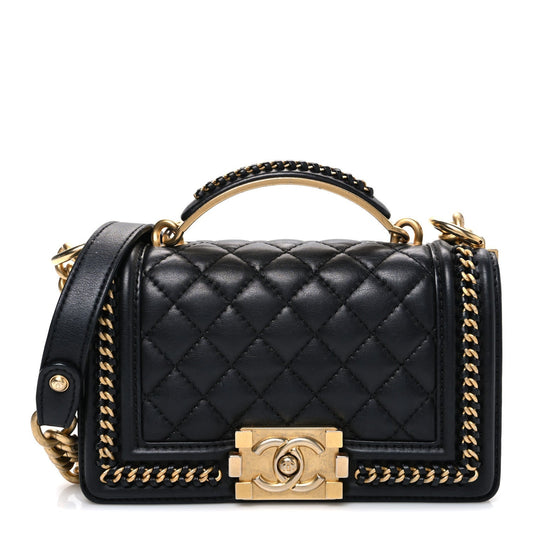 Lambskin Quilted Small Top Handle Boy Flap Black