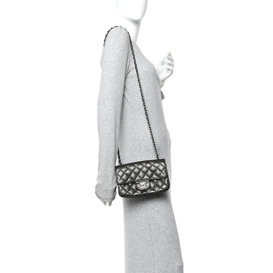 Metallic Caviar Quilted Mini Rectangular Flap Dark Grey
