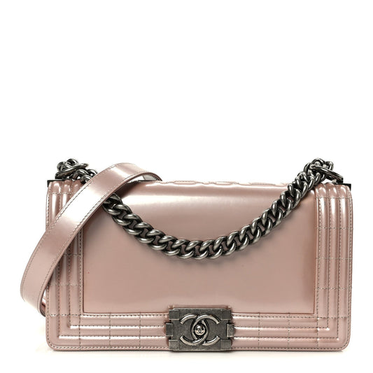 Iridescent Glazed Calfskin Medium Boy Flap Light Pink