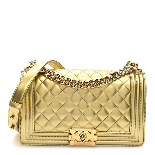 Metallic Patent Calfskin Quilted Medium Boy Flap Gold