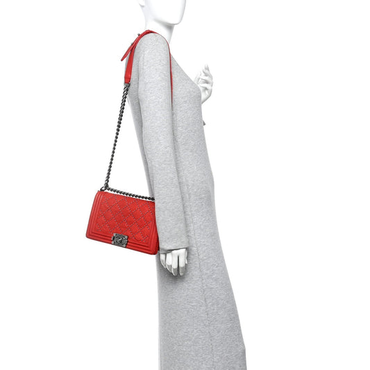 Crumpled Lambskin Small Studded Boy Flap Red