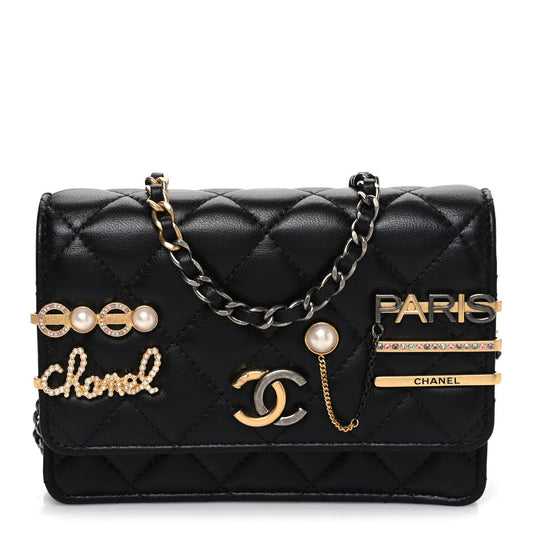 Lambskin Quilted Coco Clips Mini Wallet On Chain WOC Black