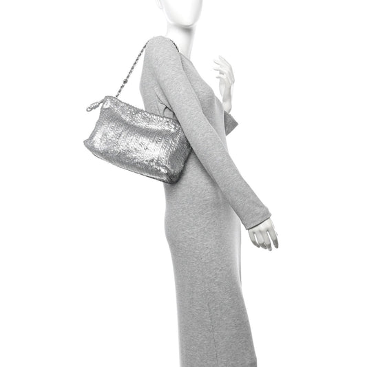 Metallic Nappa Calfskin Fringed Medium Chain Flamenco Knot Purse Silver