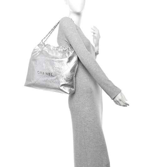 Metallic Calfskin Quilted Chanel 22 Silver