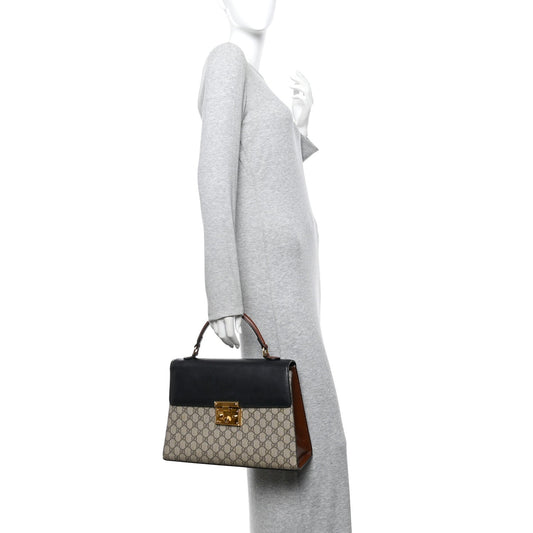 GG Supreme Monogram Calfskin Medium Padlock Top Handle Bag Beige Black Cuir