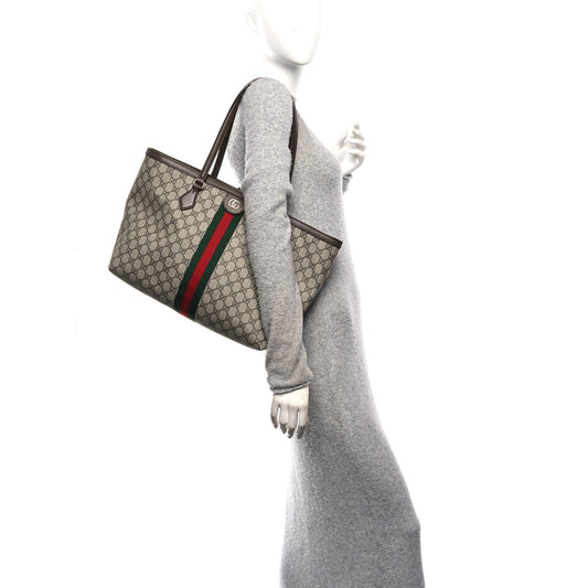 GG Supreme Monogram Textured Calfskin Web Medium Ophidia Shopping Tote Beige Ebony New Acero