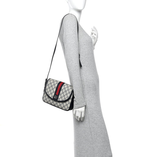 GG Supreme Monogram Textured Dollar Calfskin Web Studded Mini Ophidia Flap Shoulder Bag Beige Blue