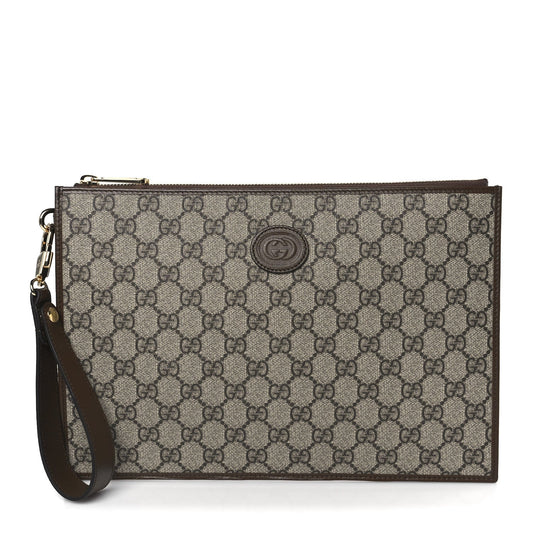 GG Supreme Monogram Azalea Calfskin Retro Interlocking G Wristlet Pouch Beige Ebony Brown Sugar