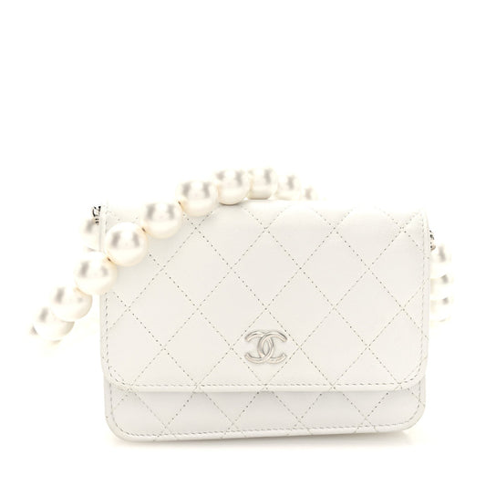 Lambskin Quilted Mini Pearl Wallet On Chain WOC White