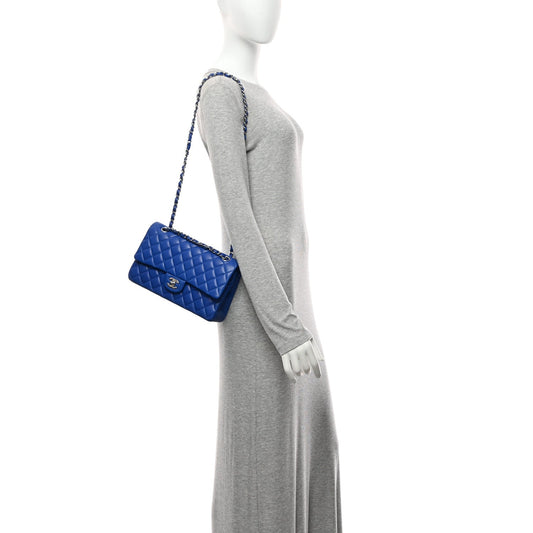 Lambskin Quilted Medium Double Flap Blue