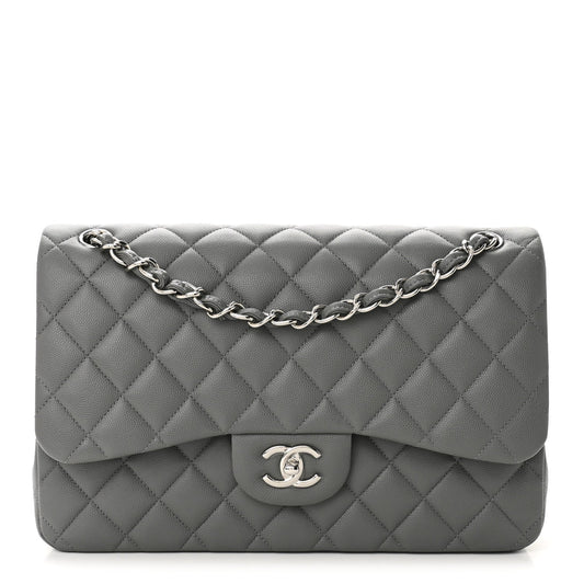 Caviar Quilted Jumbo Double Flap Grey