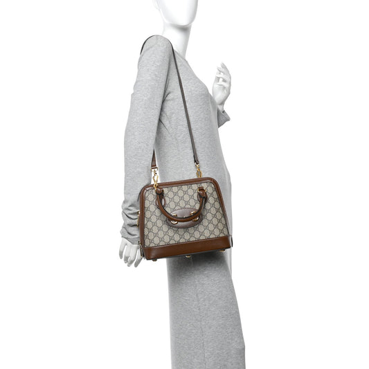 GG Supreme Monogram Azalea Calfskin Small Horsebit 1955 Top Handle Bag Beige Ebony Brown Sugar