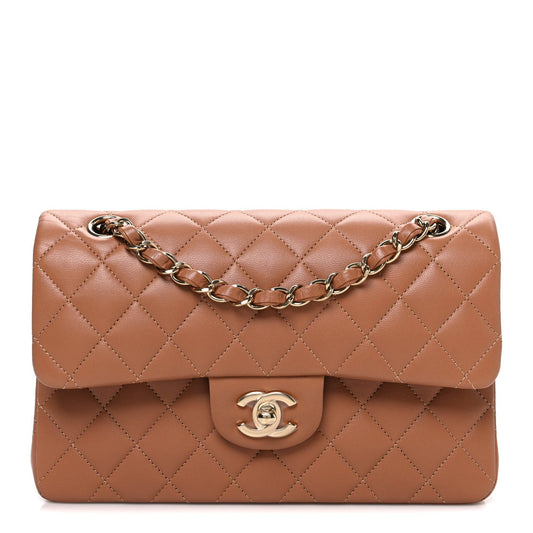 Lambskin Quilted Small Double Flap Brown