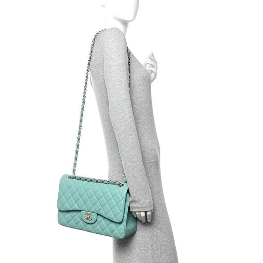 Caviar Quilted Jumbo Double Flap Light Green