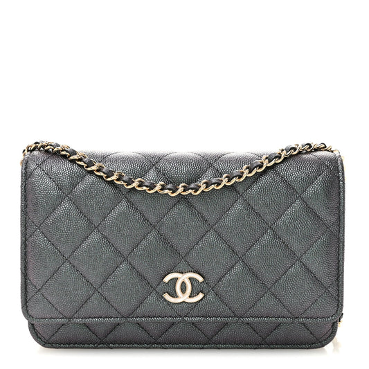 Iridescent Caviar Quilted Wallet On Chain WOC Green