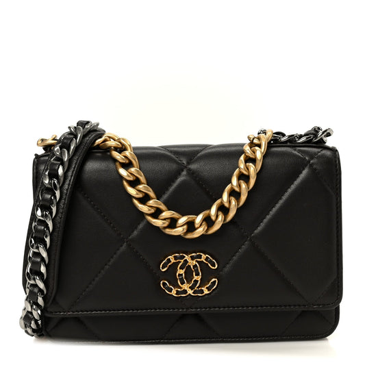 Lambskin Quilted Chanel 19 Wallet On Chain WOC Dark Brown