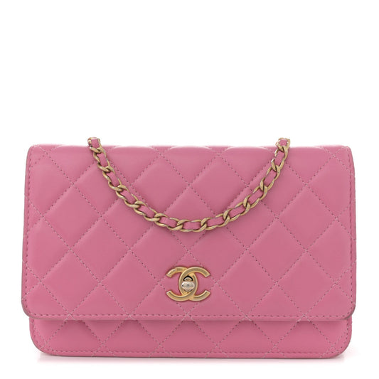 Lambskin Quilted CC Pearl Crush Wallet on Chain WOC Pink