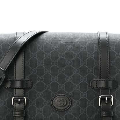 GG Supreme Monogram Textured Dollar Calfskin Retro Interlocking G Flap Messenger Bag Black