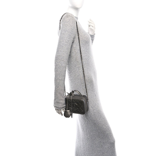 Metallic Caviar Quilted Small CC Filigree Vanity Case Dark Silver