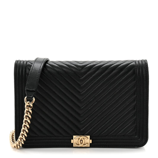 Lambskin Chevron Boy Wallet On Chain WOC Black