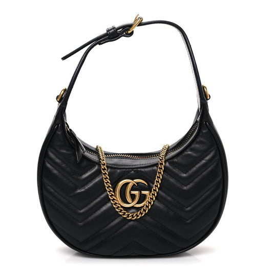 Calfskin Matelasse Chevron Mini GG Marmont Half Moon Hobo Black