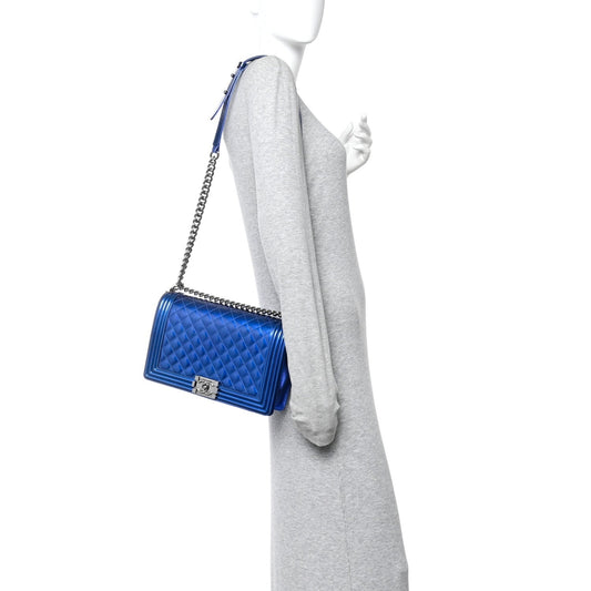 Metallic Patent Quilted New Medium Boy Flap Blue