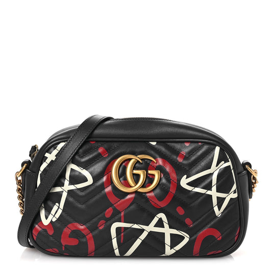 Calfskin Matelasse GucciGhost Small GG Marmont Chain Shoulder Bag  Black Hibiscus Red