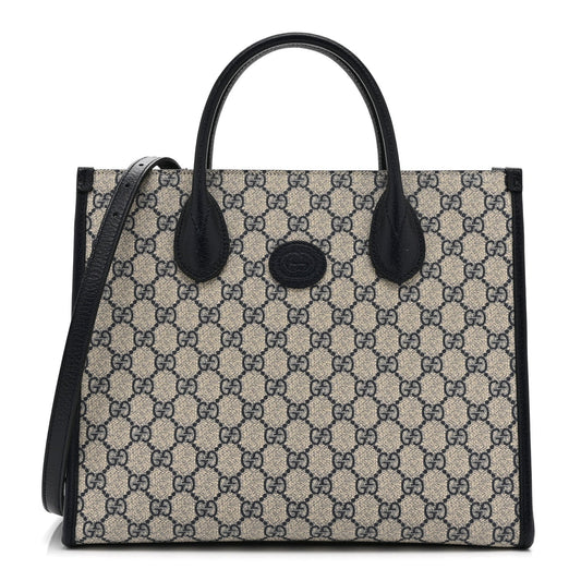 GG Supreme Monogram Textured Dollar Calfskin Small Retro Interlocking G Tote Bag Beige Blue