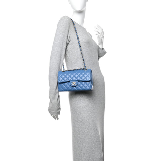 Caviar Quilted Small Double Flap Blue